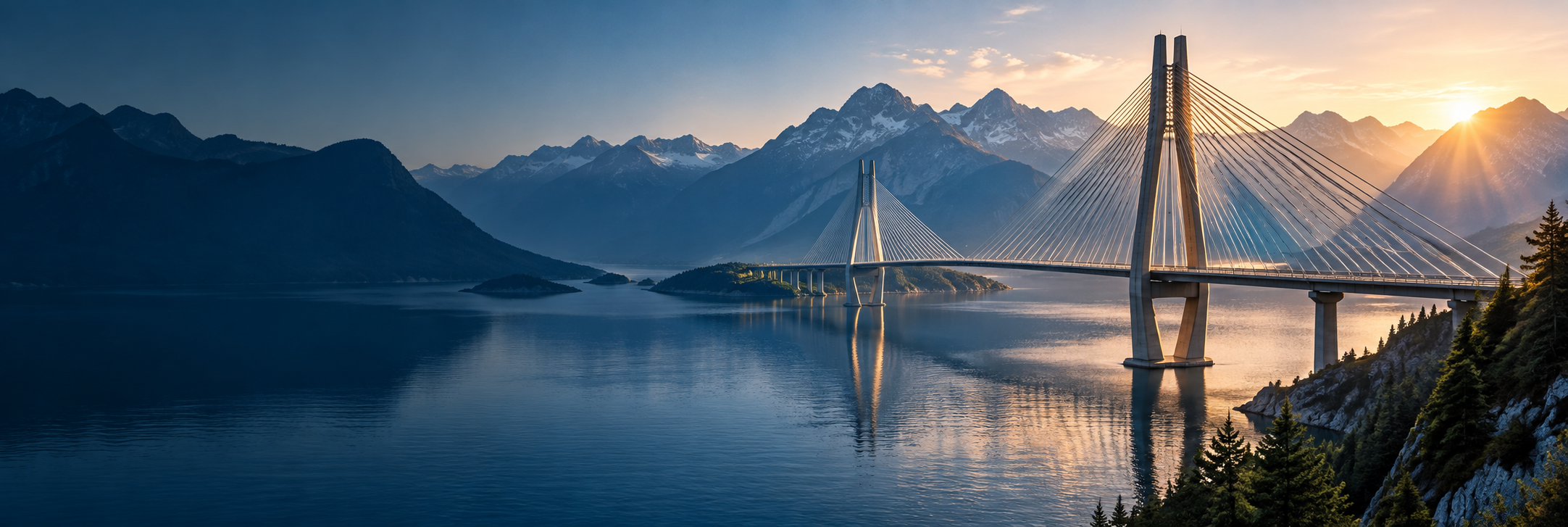 A cable-stayed bridge spanning an alpine lake at sunrise